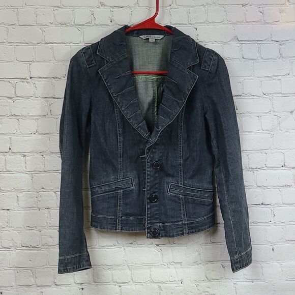 CAbi Vintage Lucy Jean Jacket #860 Indigo Blue Stretch Denim Fitted Pleat Collar - Picture 9 of 9